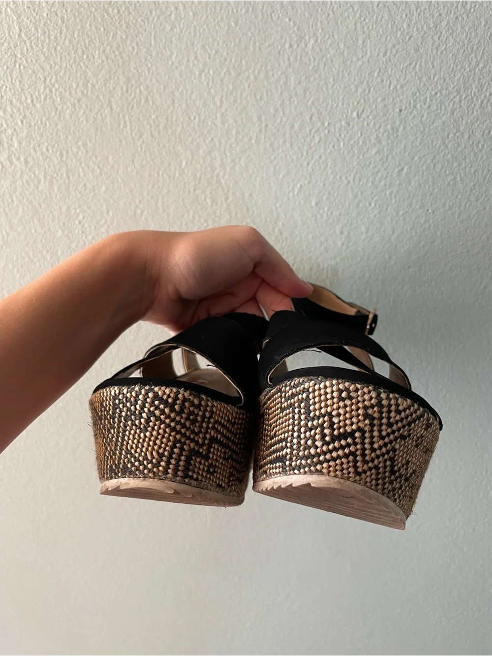 Report | Peppermint Crisscross Black Faux Suede Platform Wedge Sandal